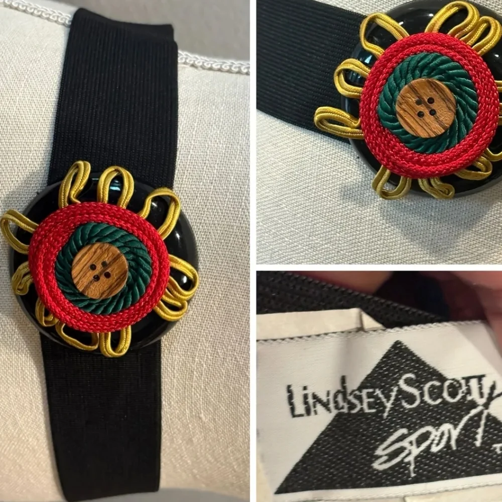LINDSEY SCOTT SPORT Vintage Wide Elastic Statement Belt Black Gold Red Graphic